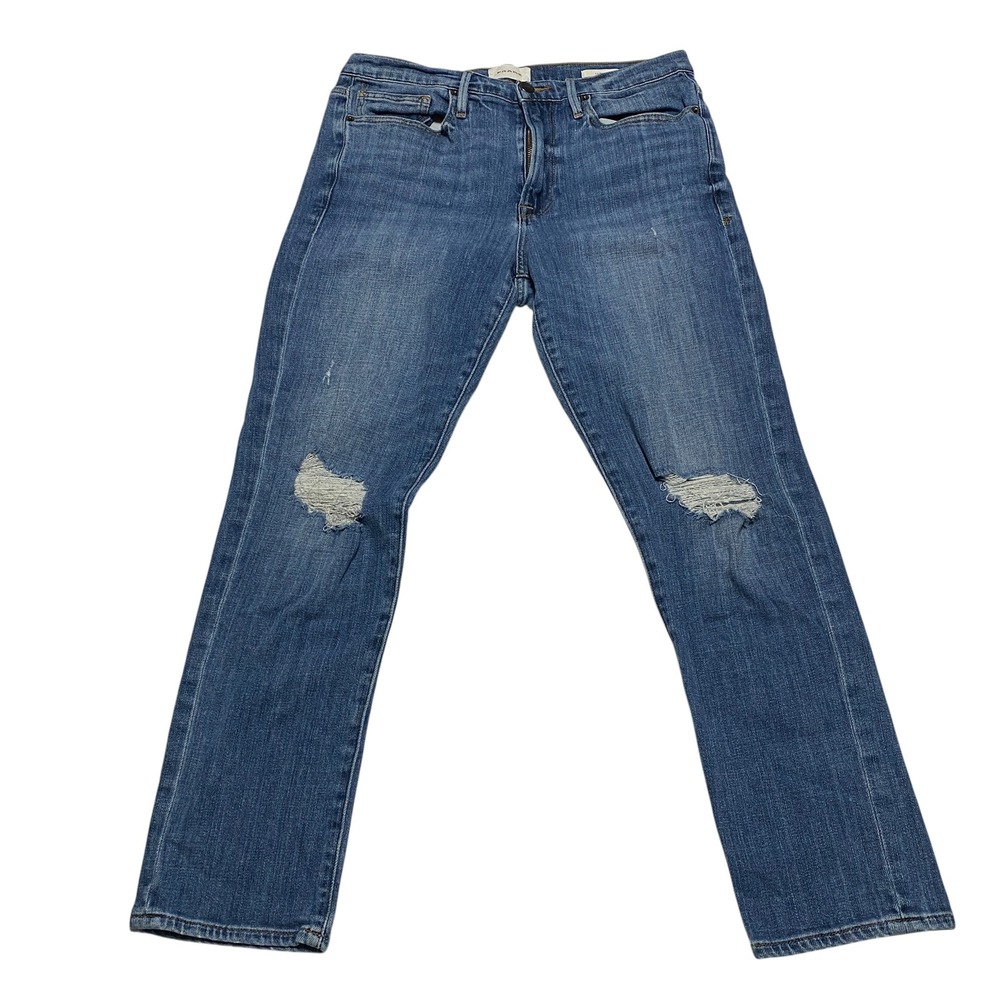 FRAME Le Beau Cleo Rips Medium Wash Distressed Straight Leg Jeans Blue Size 27